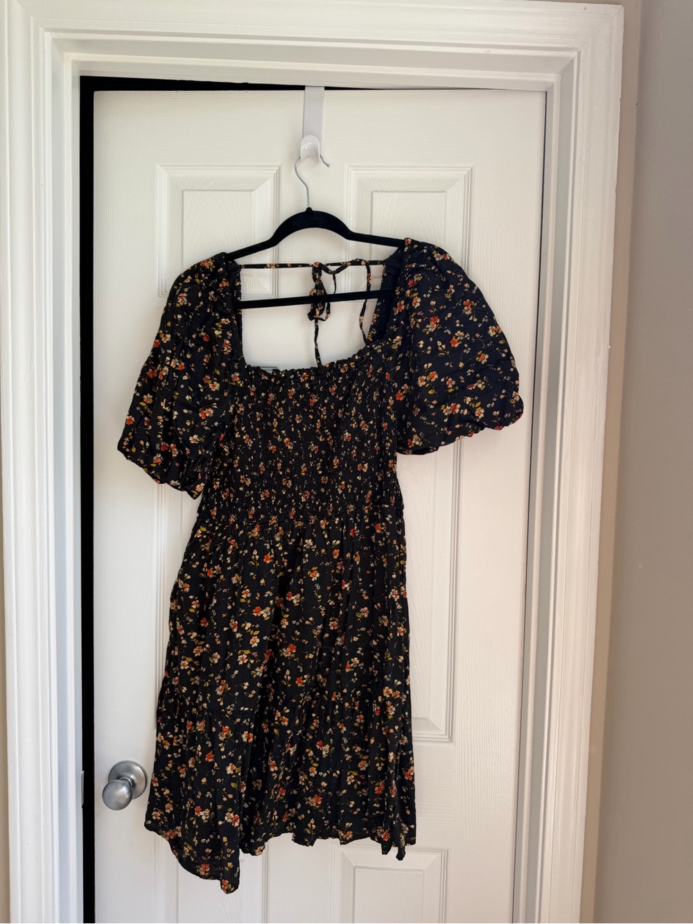 GAP Black Mini Dress with Floral Print and Puff Sleeves